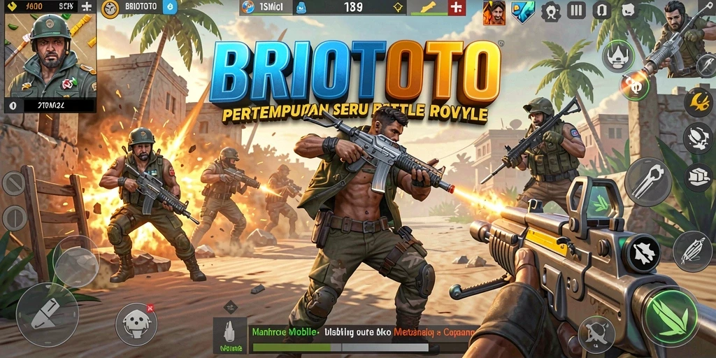 Screenshot BRIOTOTO menunjukkan aksi pertempuran seru di medan perang Battle Royale.