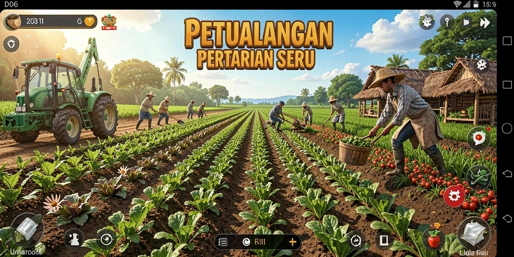 Gameplay seru D06 dengan lahan pertanian yang subur dan beragam tanaman.