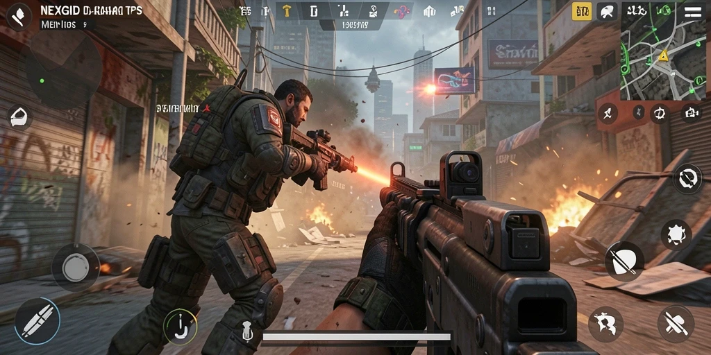 Screenshot NEXGID menampilkan momen aksi intense dalam gameplay TPS.