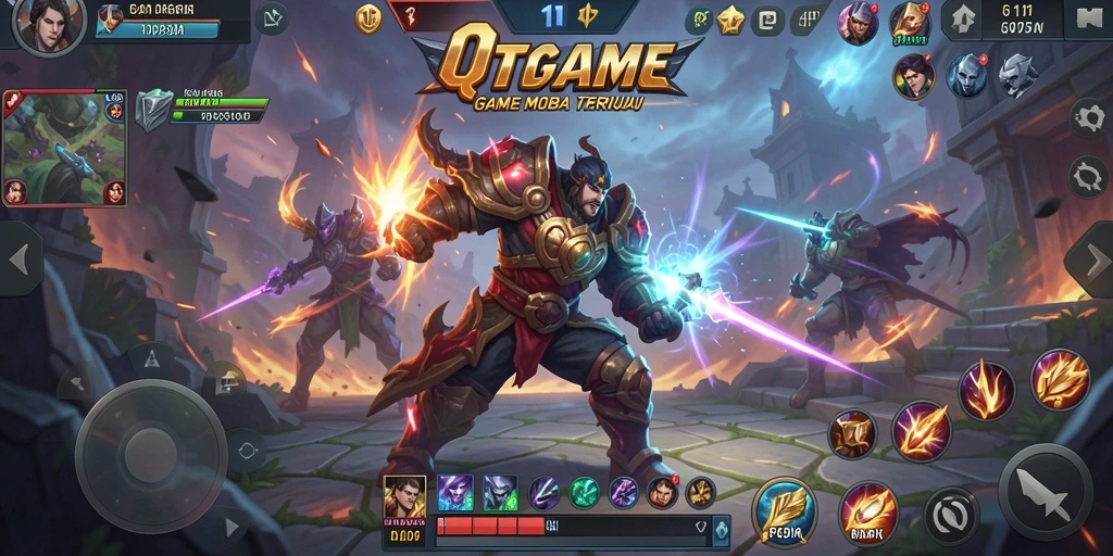 Tangkapan layar QTGAME menampilkan aksi pertarungan antar karakter yang intens.