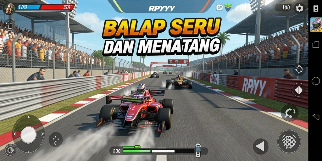 Screenshot utama RPYYY menampilkan mobil balap dengan kecepatan tinggi di lintasan.